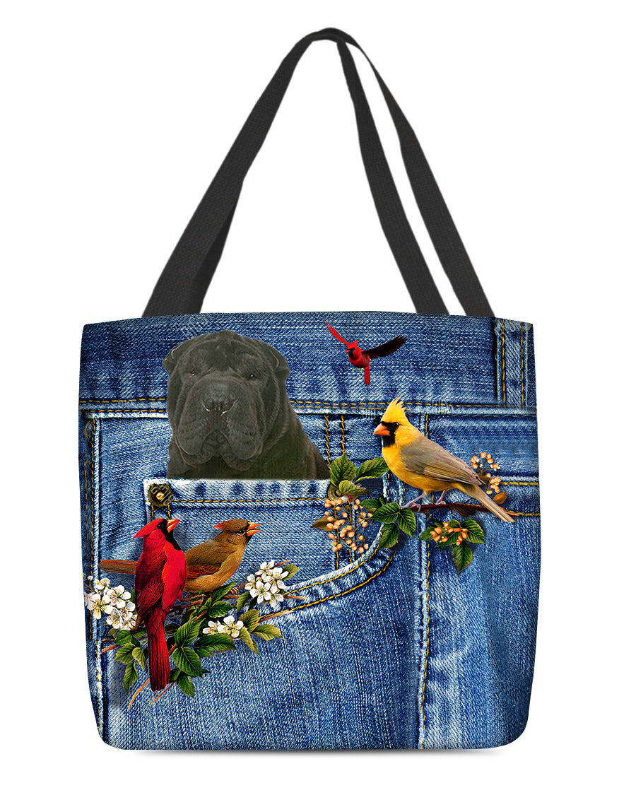 Black Shar Pei-Cardinal &amp; Dog Cloth Tote Bag