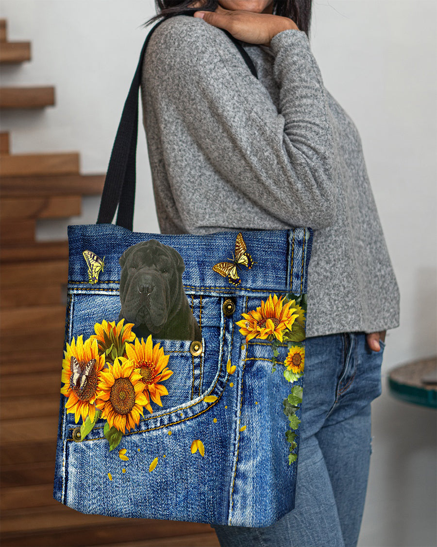 Black Shar Pei-Sunflowers &amp; Butterflies Cloth Tote Bag
