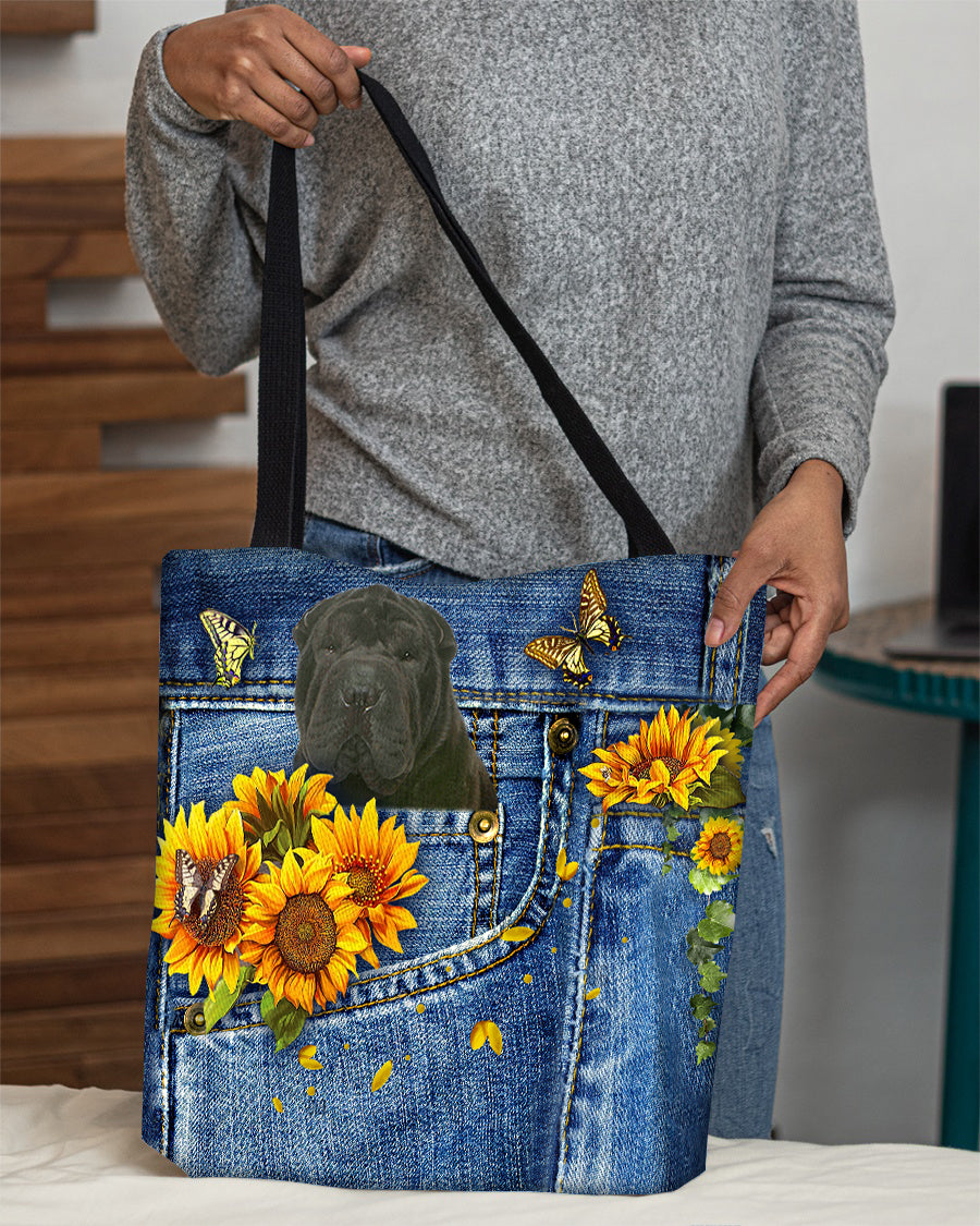 Black Shar Pei-Sunflowers &amp; Butterflies Cloth Tote Bag