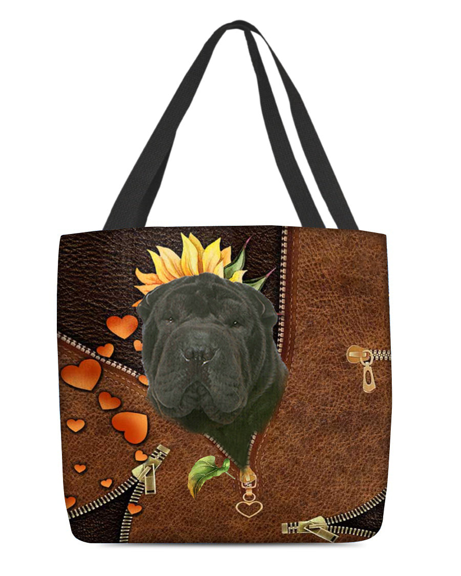 Black Shar Pei-Sunflower&amp;zipper Cloth Tote Bag