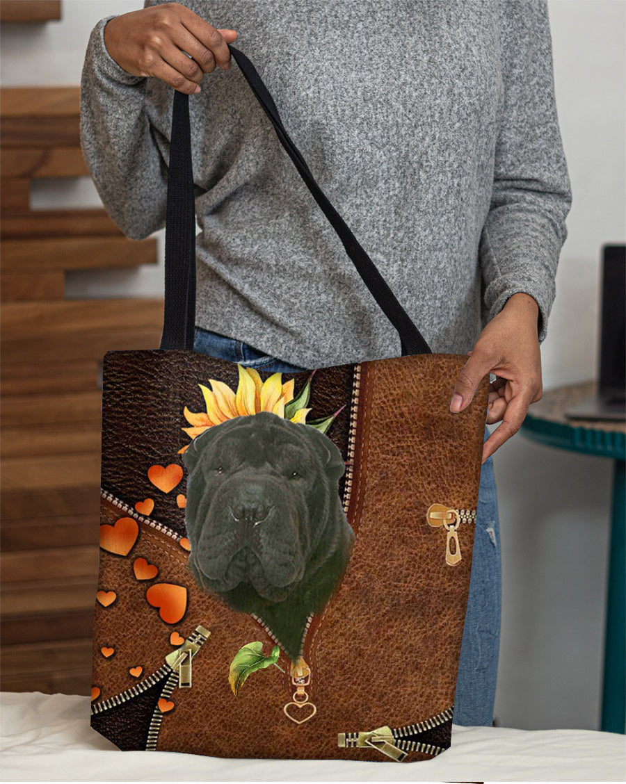Black Shar Pei-Sunflower&amp;zipper Cloth Tote Bag