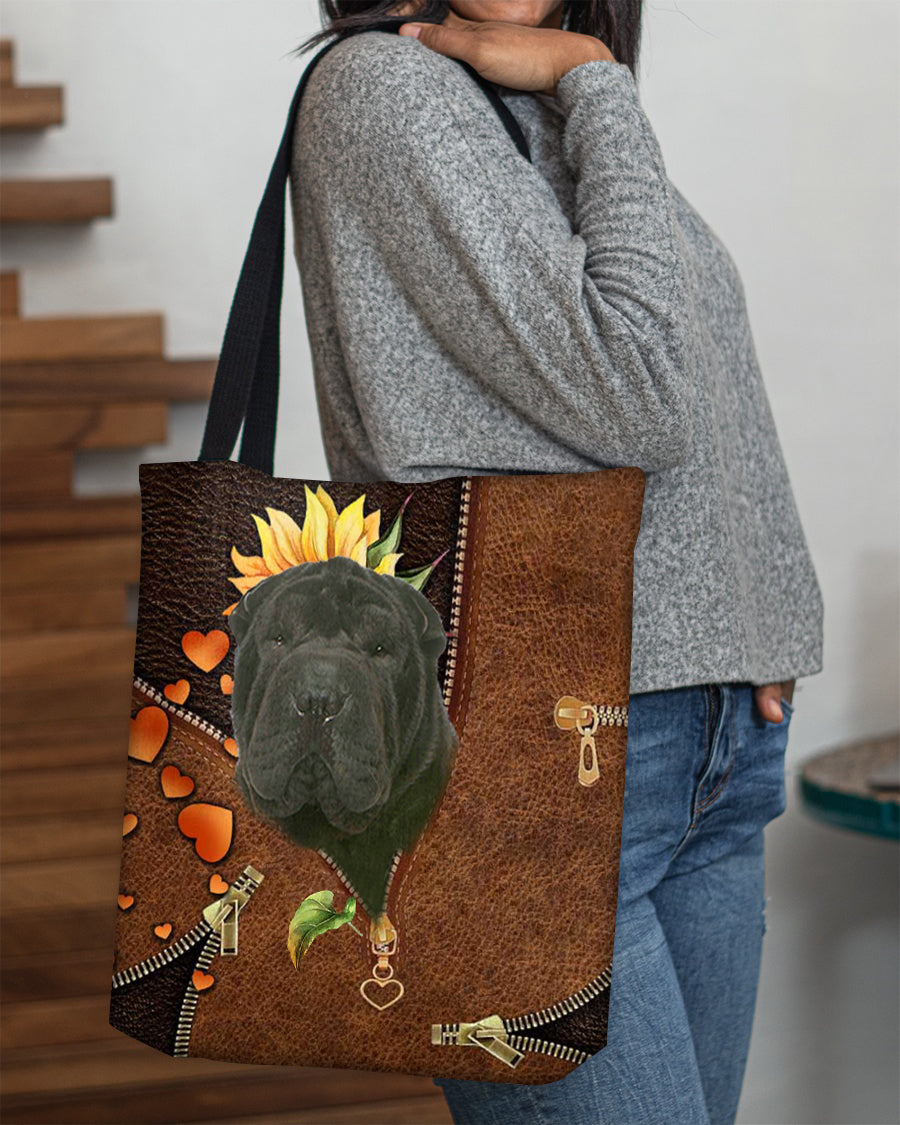 Black Shar Pei-Sunflower&amp;zipper Cloth Tote Bag