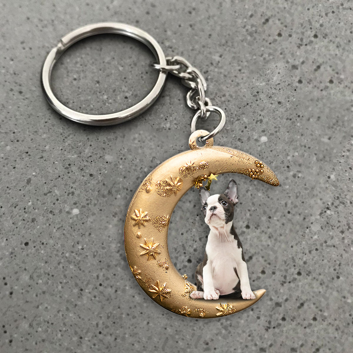 Boston Terrier 2-Dog &amp; Moon Flat Acrylic Keychain