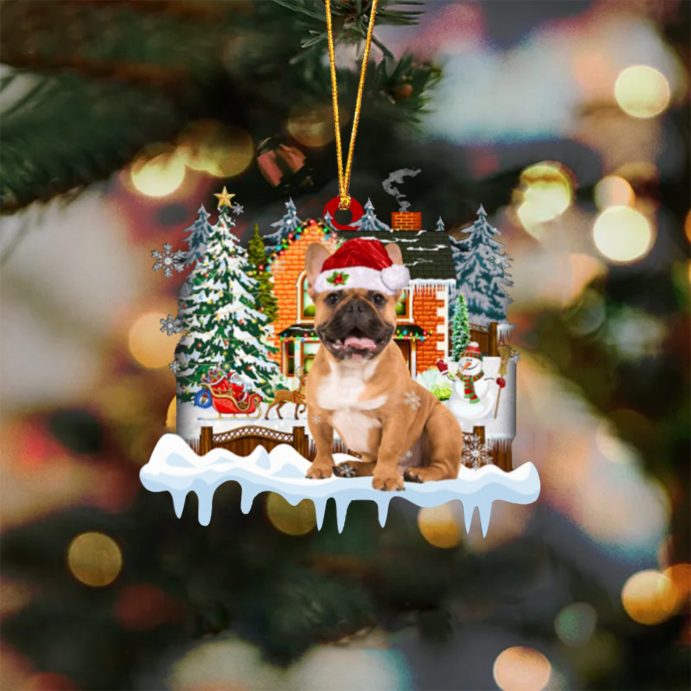BROWN French Bulldog-Xmas House-Two Sided Ornament