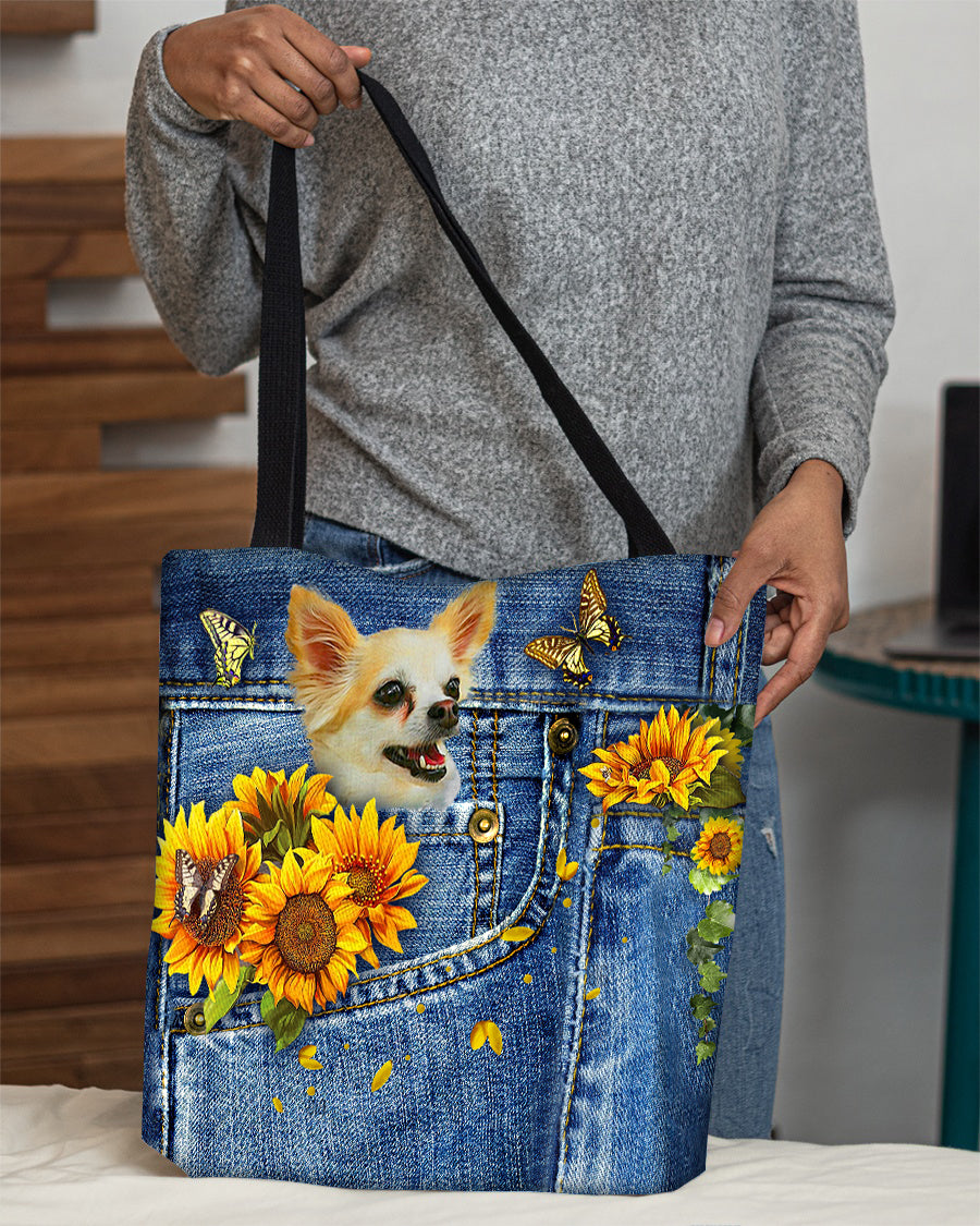 Chihuahua1-Sunflowers &amp; Butterflies Cloth Tote Bag