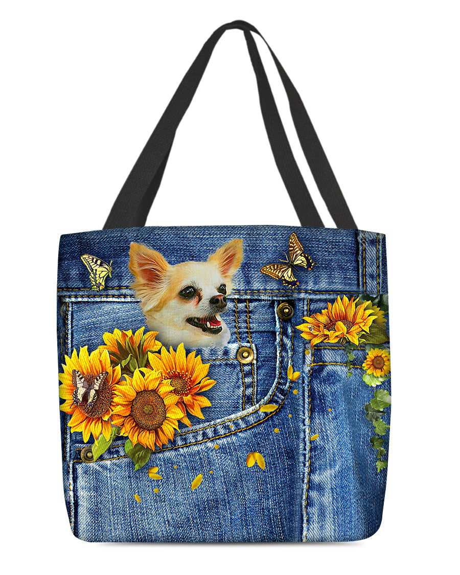 Chihuahua1-Sunflowers &amp; Butterflies Cloth Tote Bag