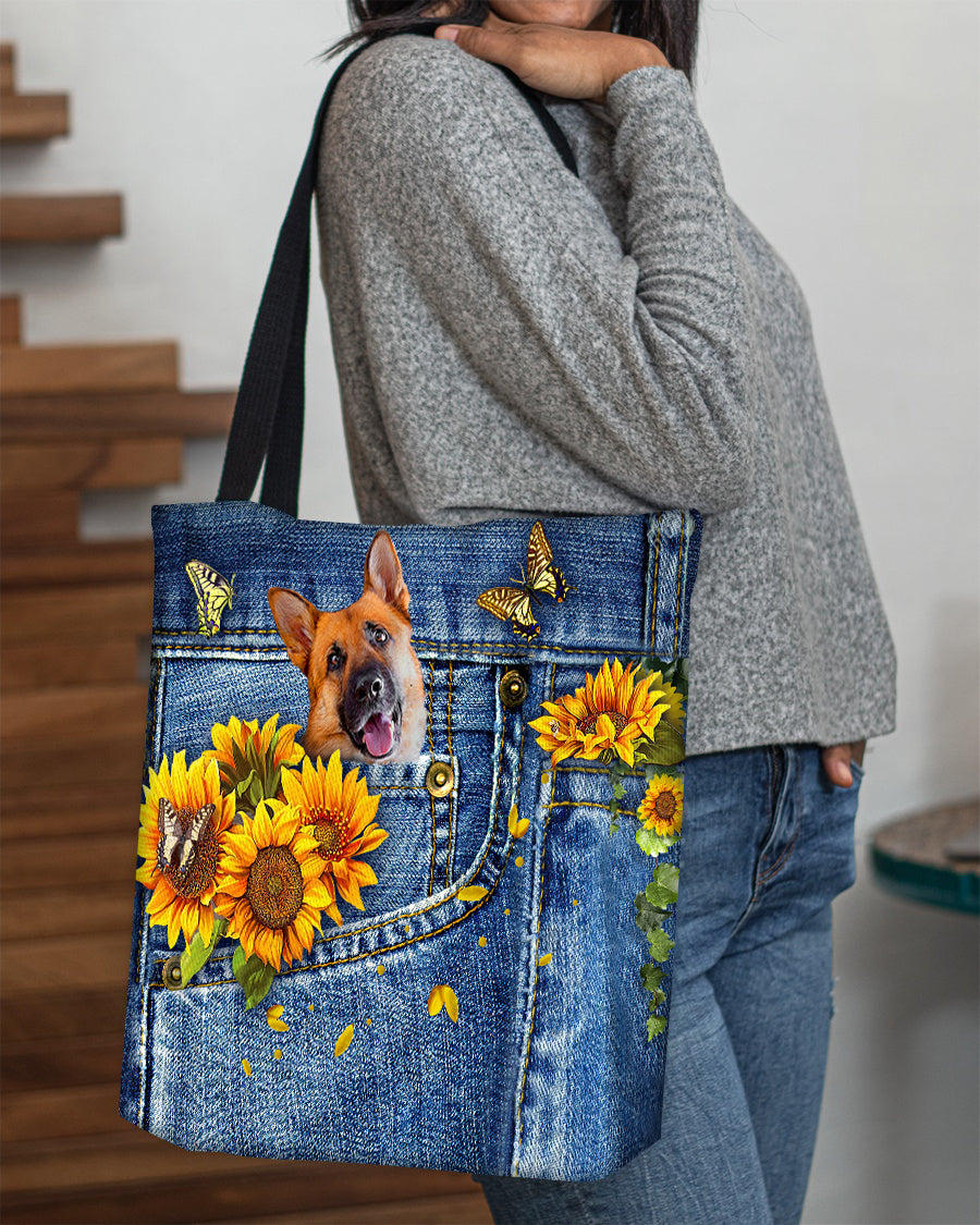 German Shepherd1-Sunflowers &amp; Butterflies Cloth Tote Bag