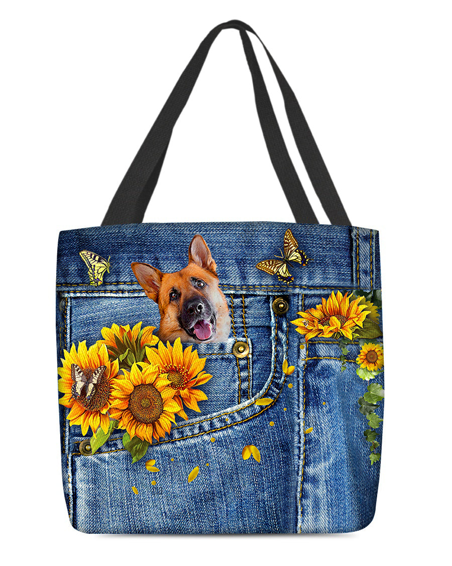 German Shepherd1-Sunflowers &amp; Butterflies Cloth Tote Bag