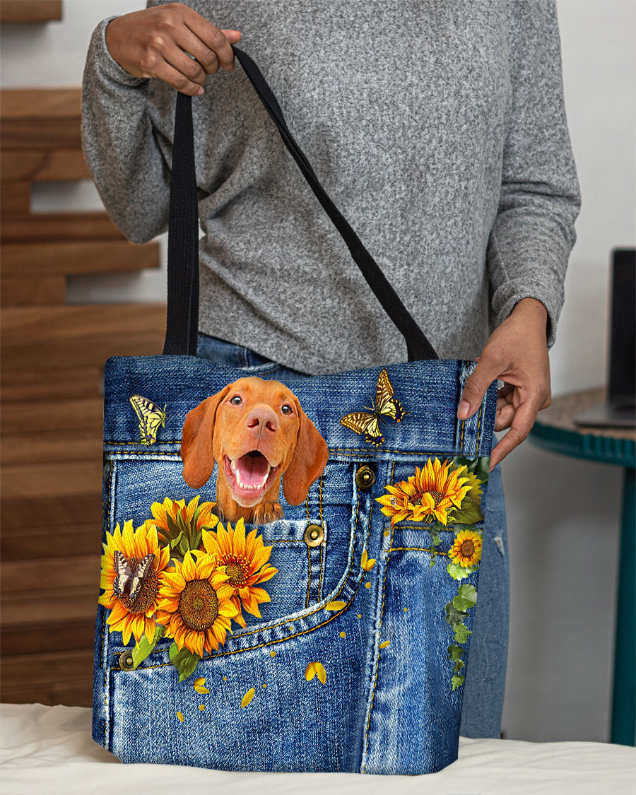 Vizsla-Sunflowers &amp; Butterflies Cloth Tote Bag