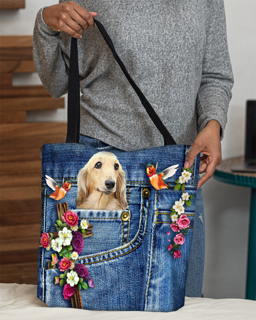 Long Haired Dachshund-Cardinal &amp; Cross Flower Cloth Tote Bag