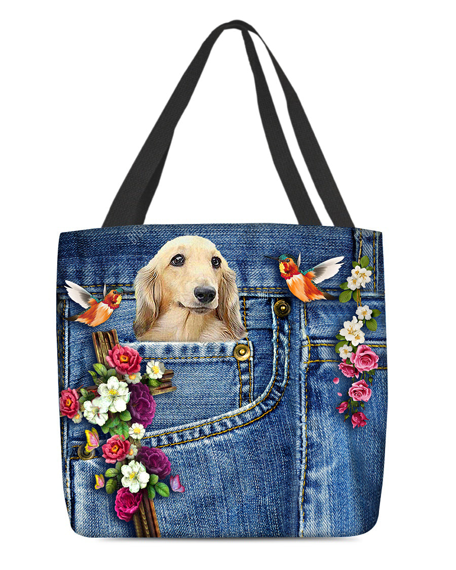 Long Haired Dachshund-Cardinal &amp; Cross Flower Cloth Tote Bag