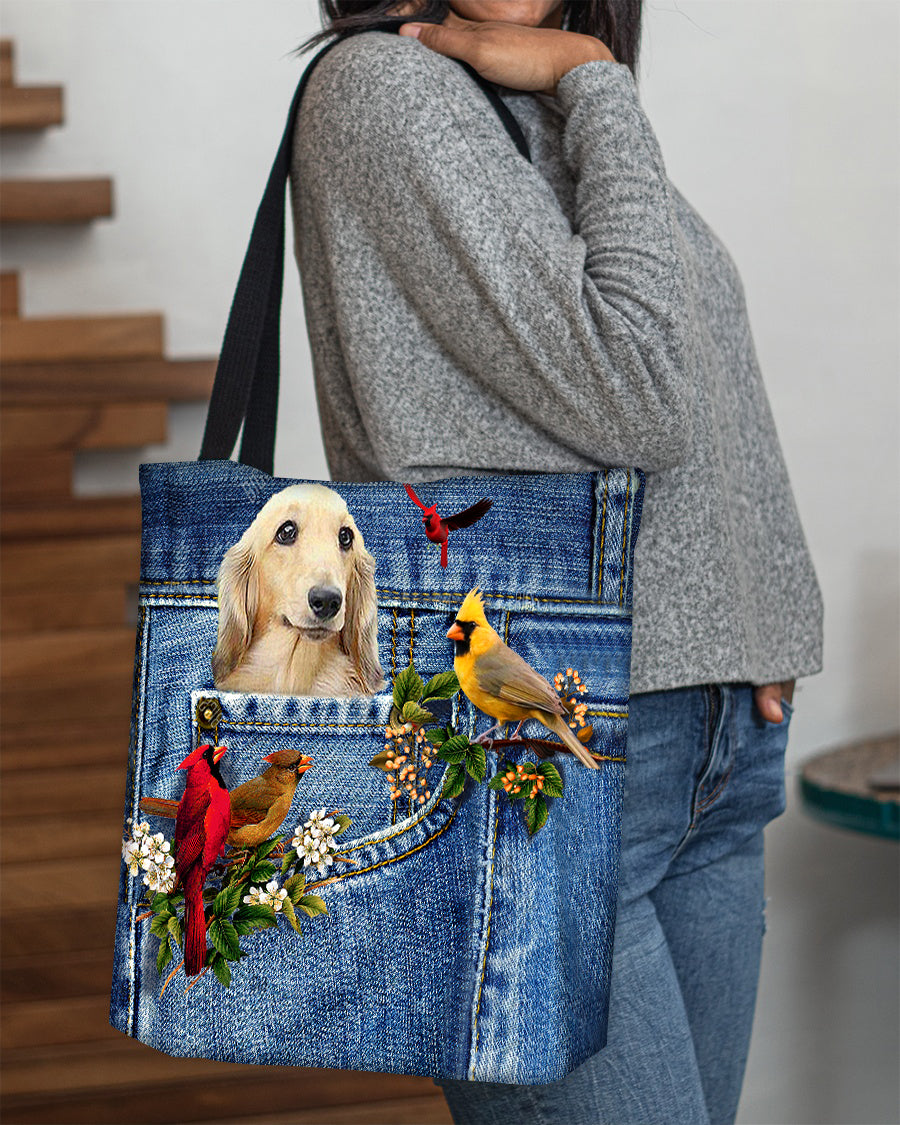 Long Haired Dachshund-Cardinal &amp; Dog Cloth Tote Bag