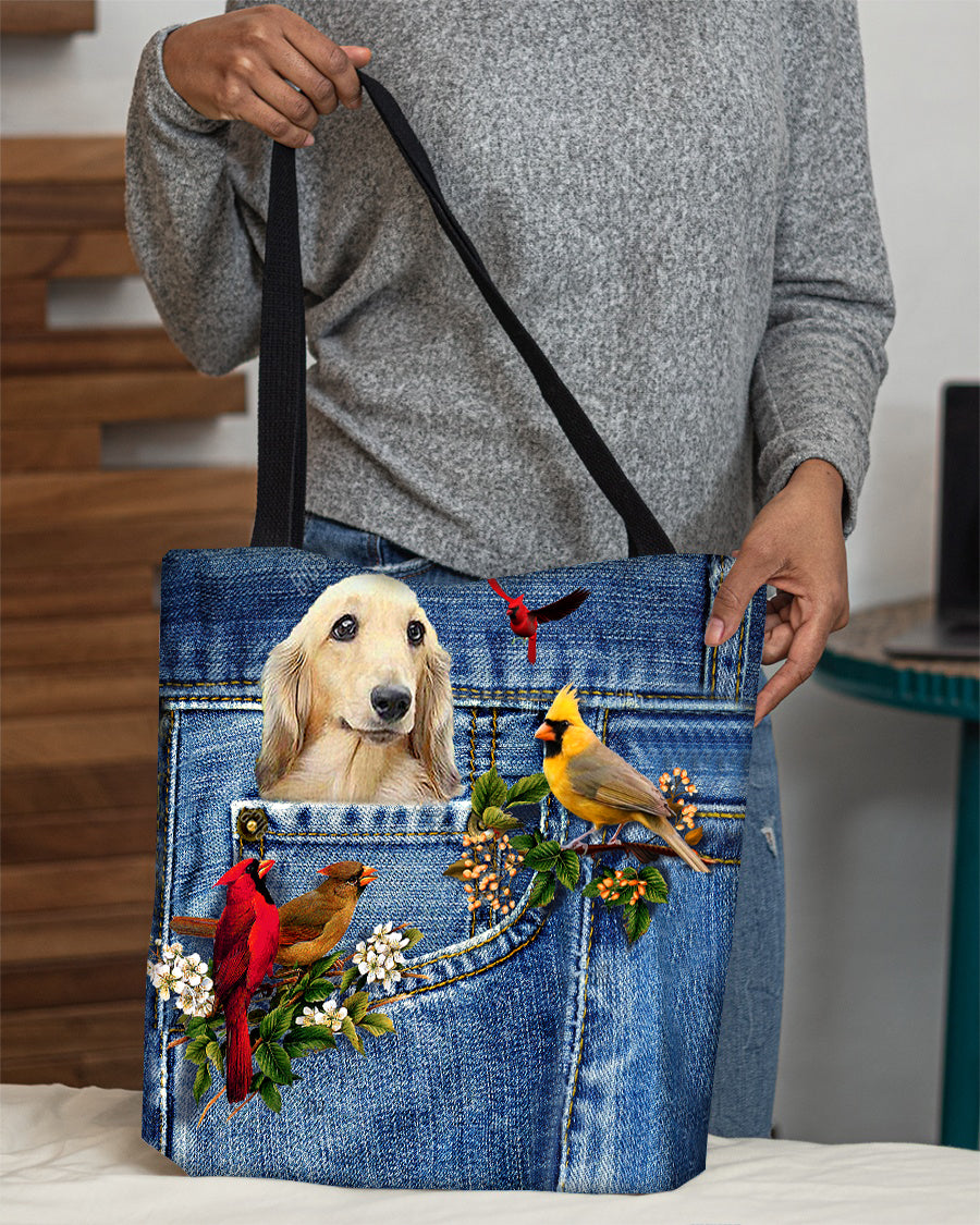 Long Haired Dachshund-Cardinal &amp; Dog Cloth Tote Bag