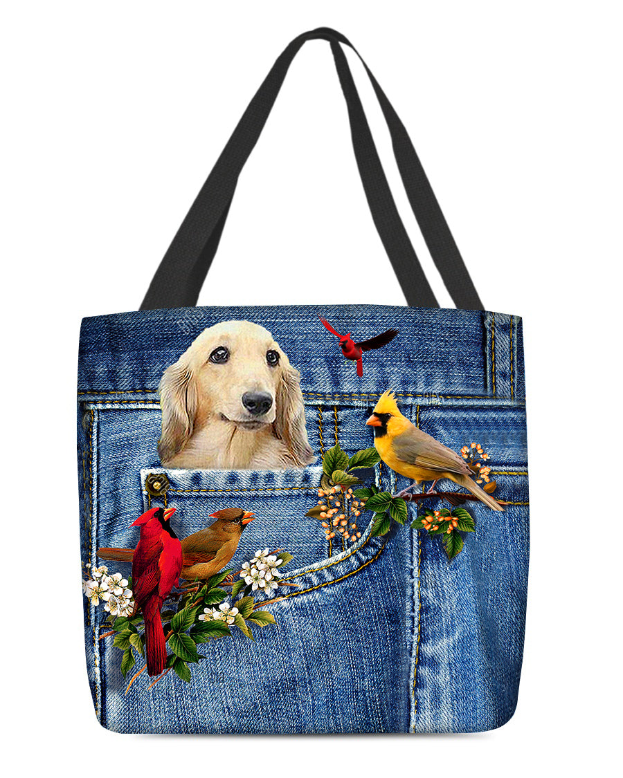 Long Haired Dachshund-Cardinal &amp; Dog Cloth Tote Bag