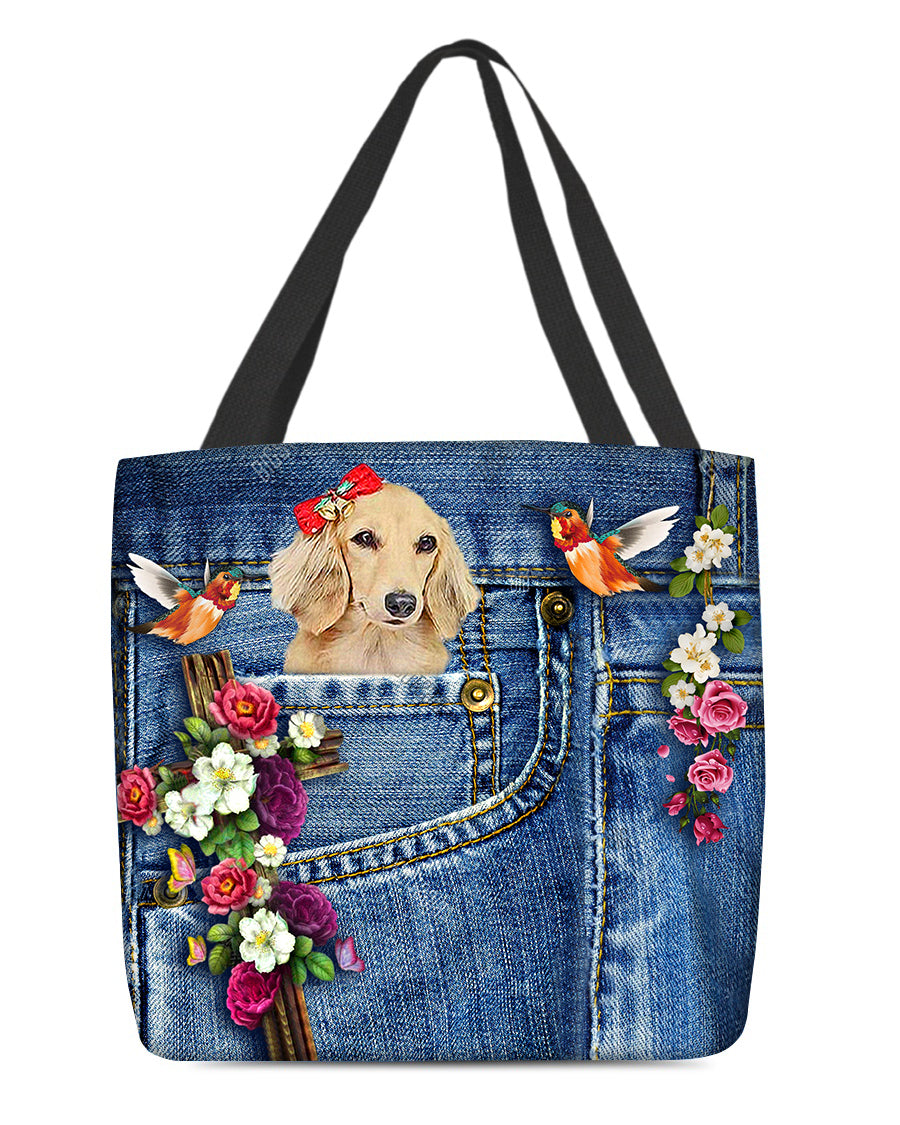 Long Haired Dachshund1-Cardinal &amp; Cross Flower Cloth Tote Bag