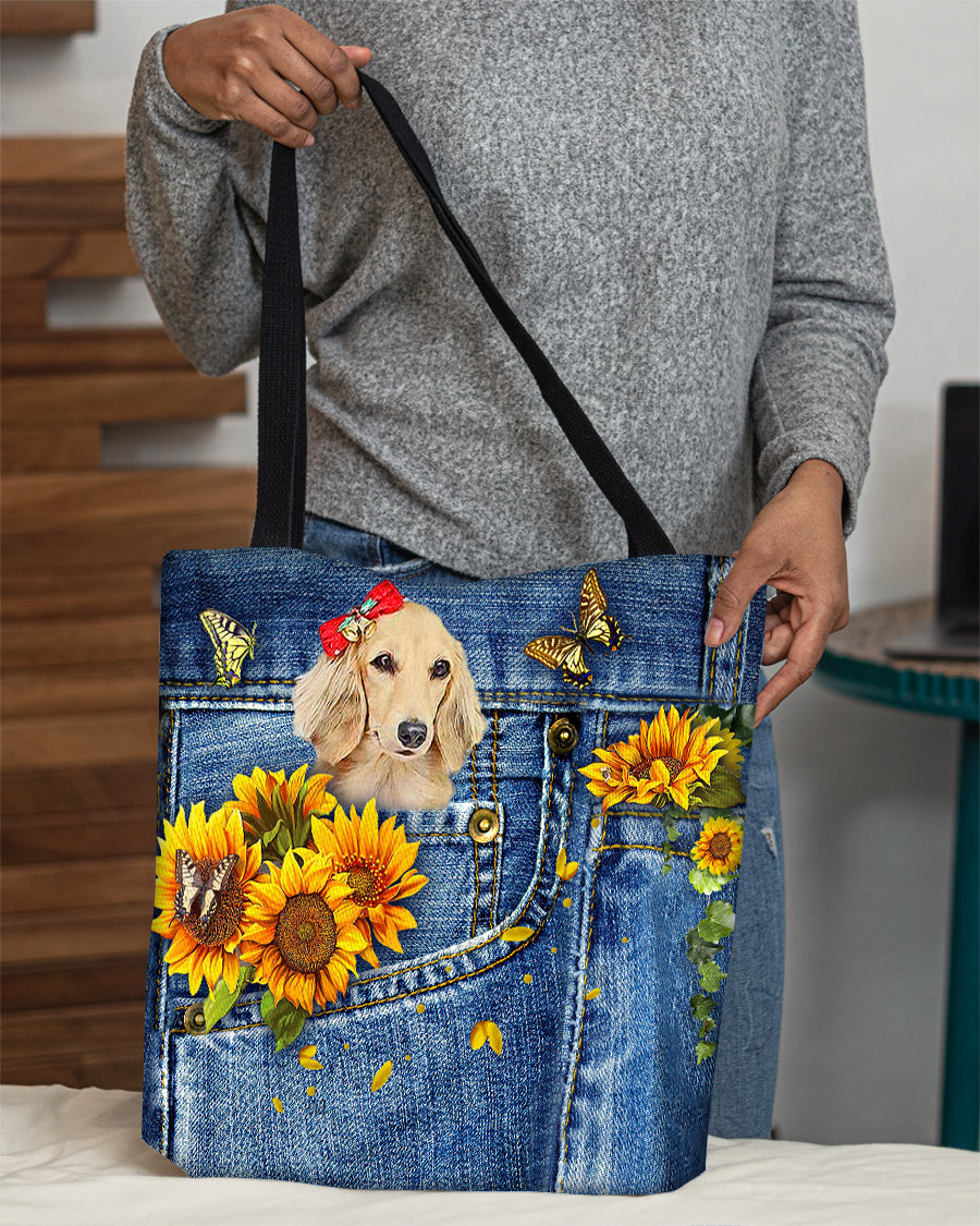 Long Haired Dachshund1-Sunflowers &amp; Butterflies Cloth Tote Bag