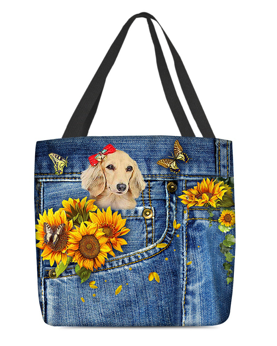 Long Haired Dachshund1-Sunflowers &amp; Butterflies Cloth Tote Bag