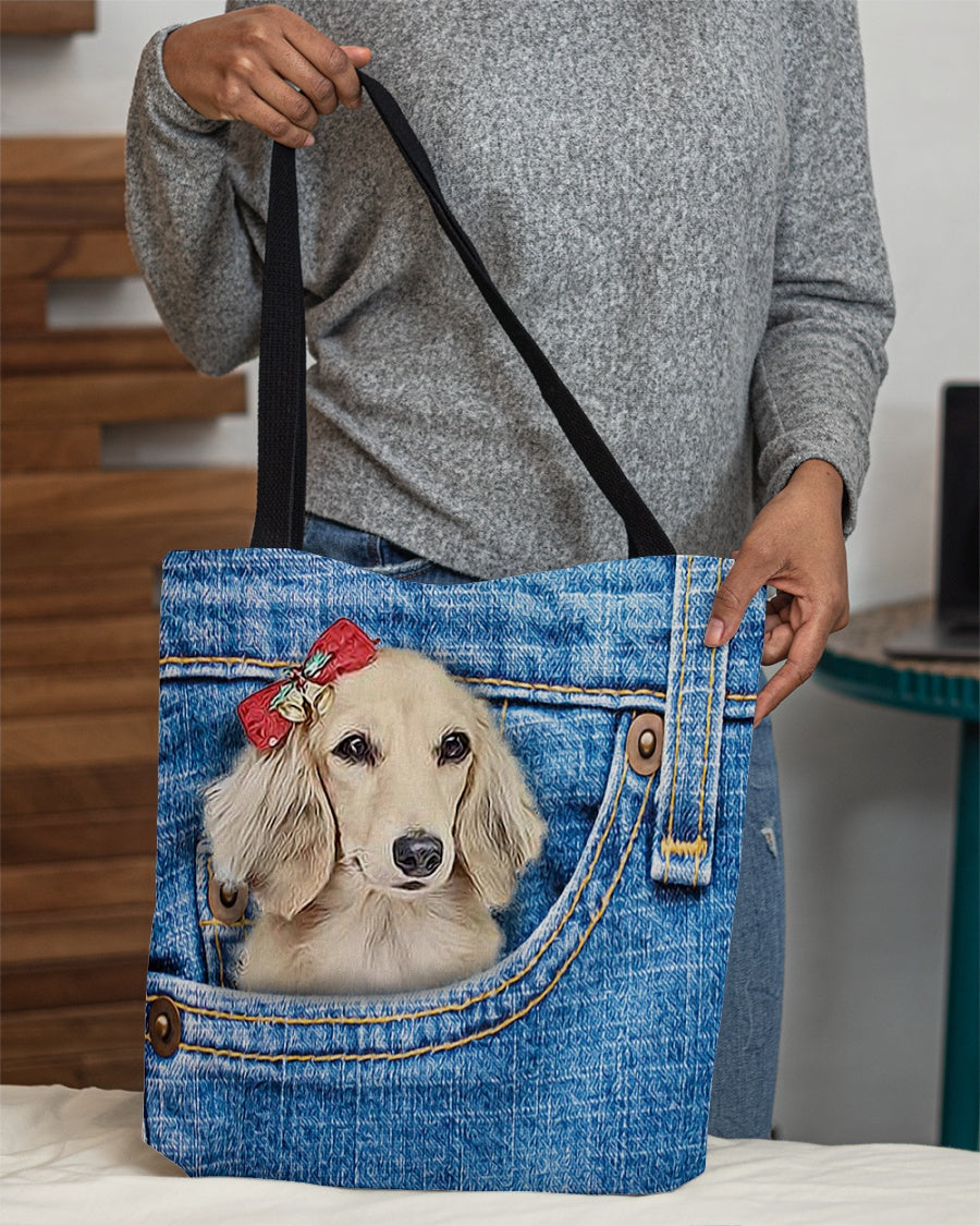 long haired Dachshund1-in pocket-Cloth Tote Bag