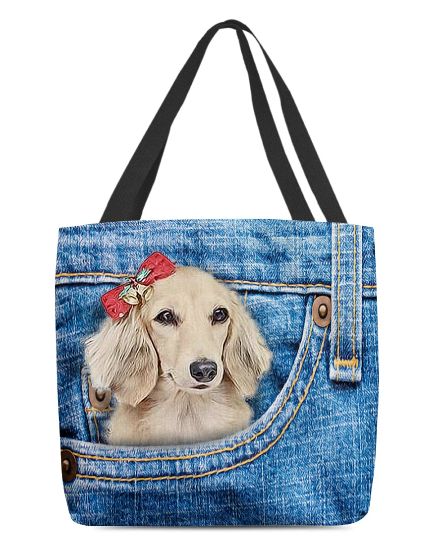 long haired Dachshund1-in pocket-Cloth Tote Bag