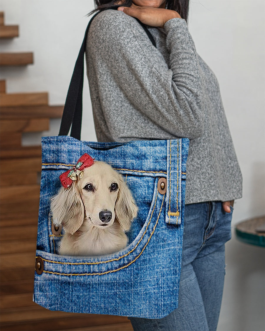long haired Dachshund1-in pocket-Cloth Tote Bag