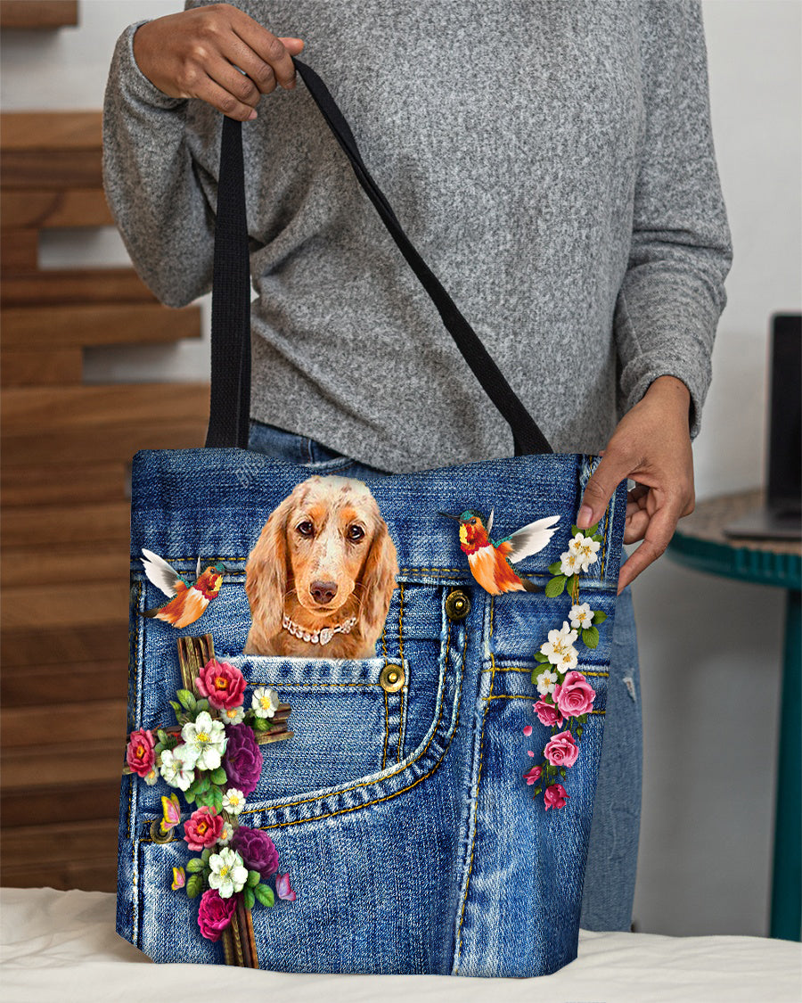 Long Haired Dachshund2-Cardinal &amp; Cross Flower Cloth Tote Bag