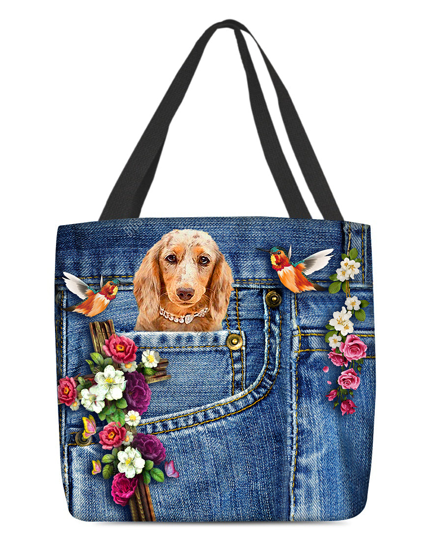 Long Haired Dachshund2-Cardinal &amp; Cross Flower Cloth Tote Bag