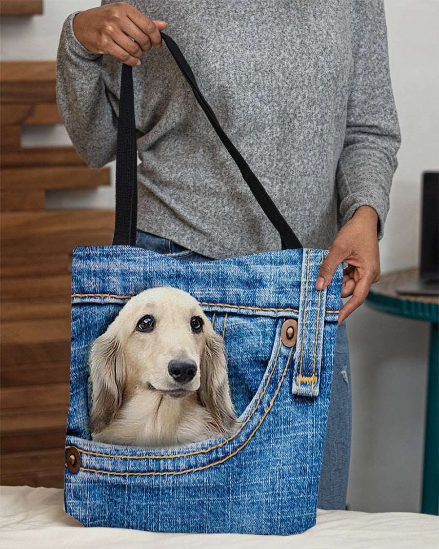 long haired Dachshund2-in pocket-Cloth Tote Bag