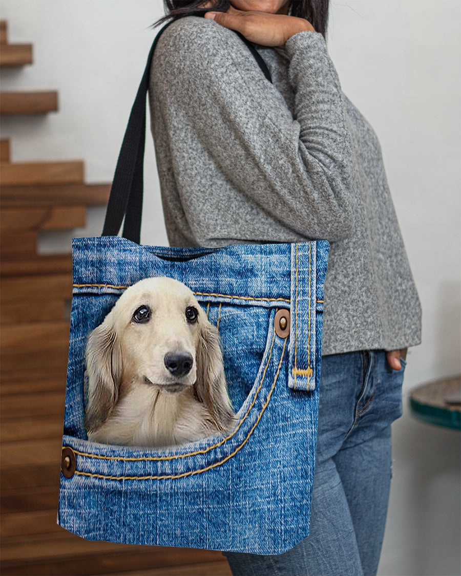 long haired Dachshund2-in pocket-Cloth Tote Bag