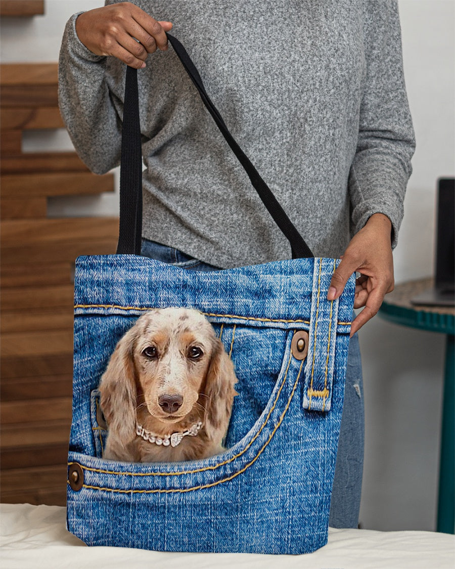 long haired Dachshund3-in pocket-Cloth Tote Bag