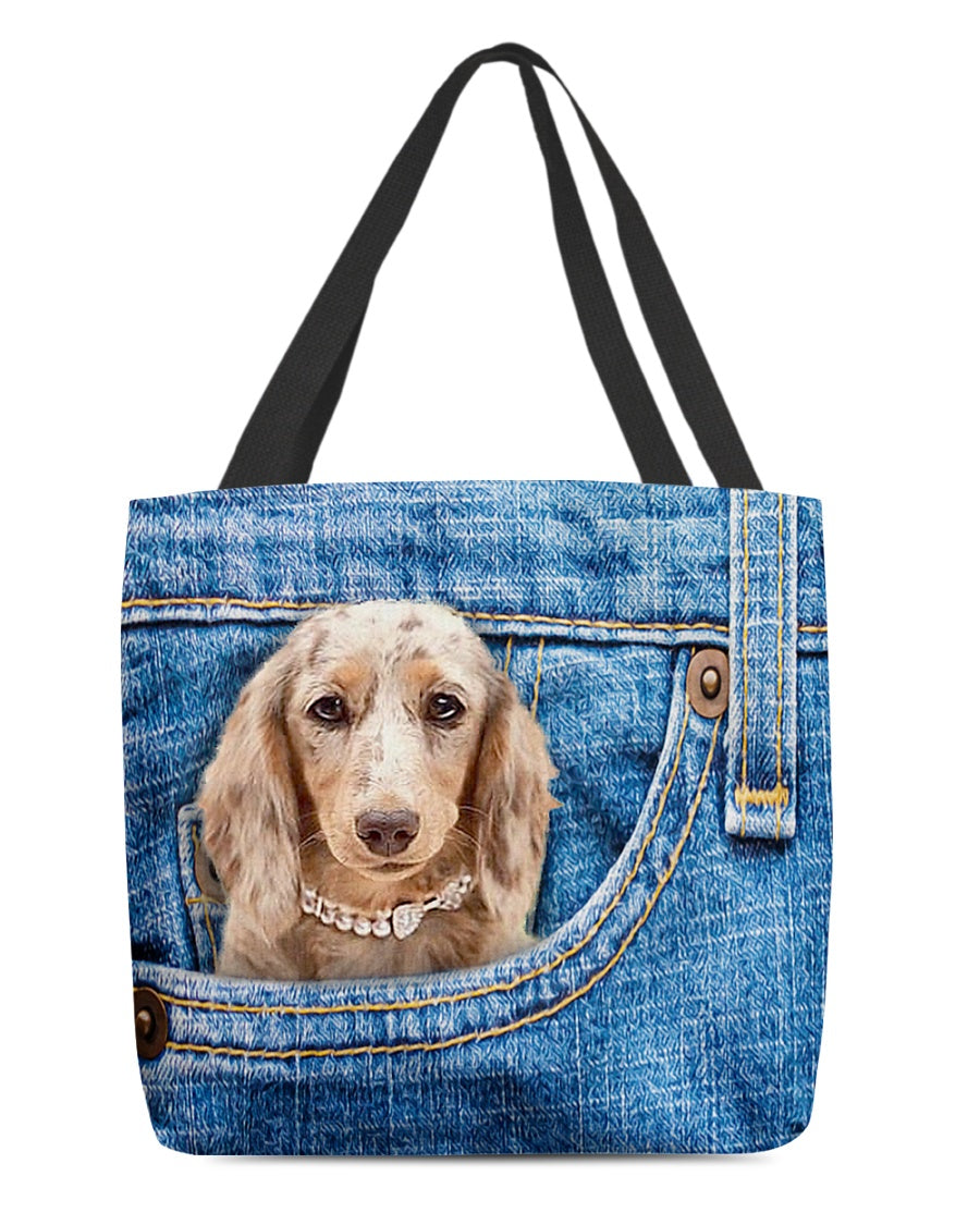 long haired Dachshund3-in pocket-Cloth Tote Bag