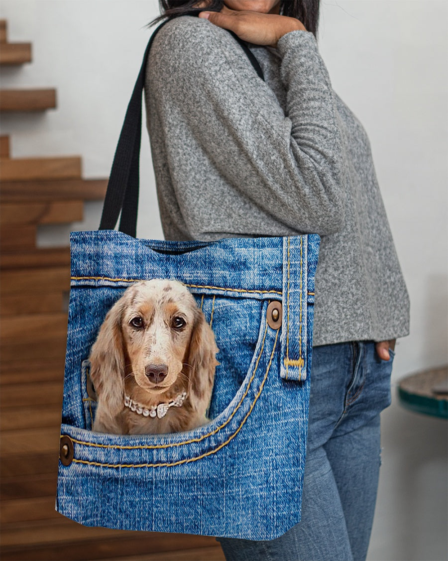 long haired Dachshund3-in pocket-Cloth Tote Bag