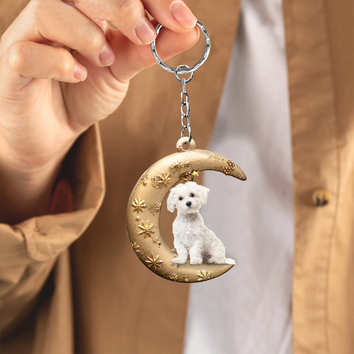 Maltese-Dog &amp; Moon Flat Acrylic Keychain