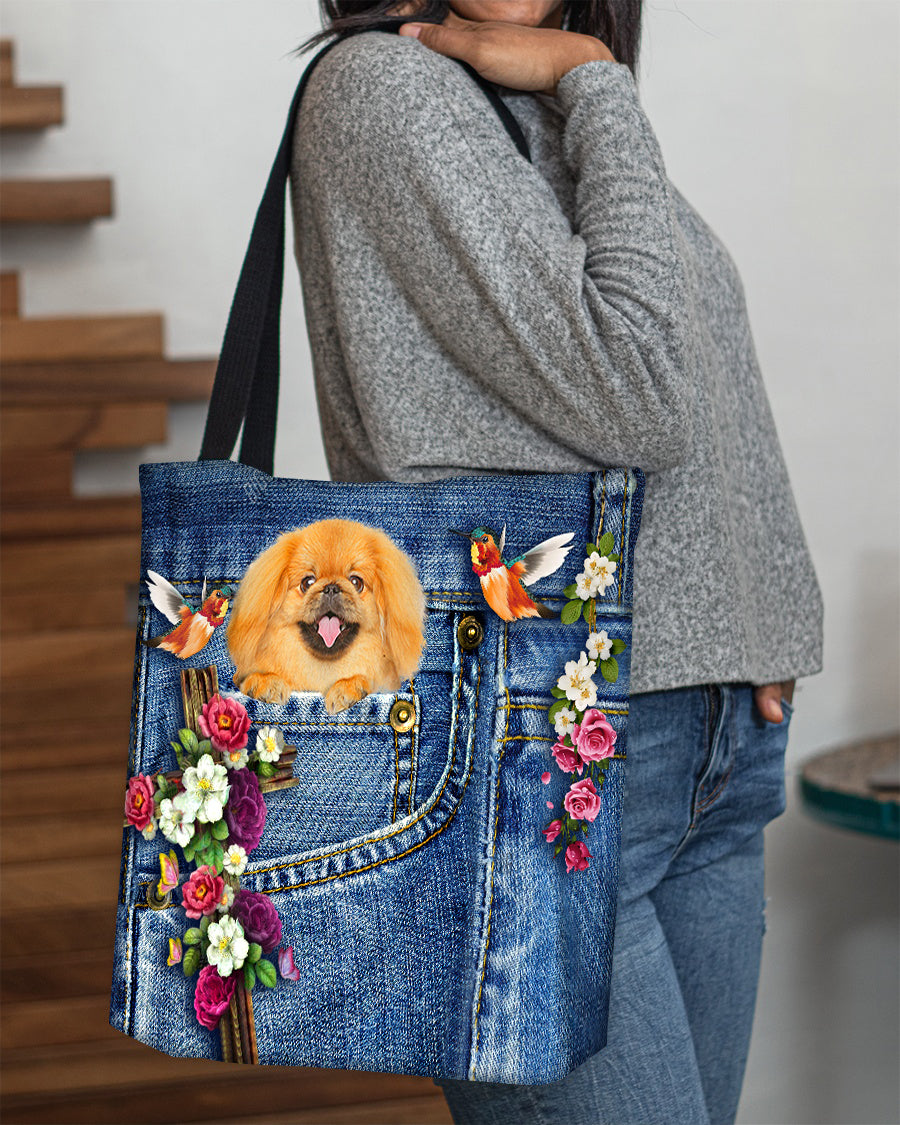 Pekingese1-Cardinal &amp; Cross Flower Cloth Tote Bag