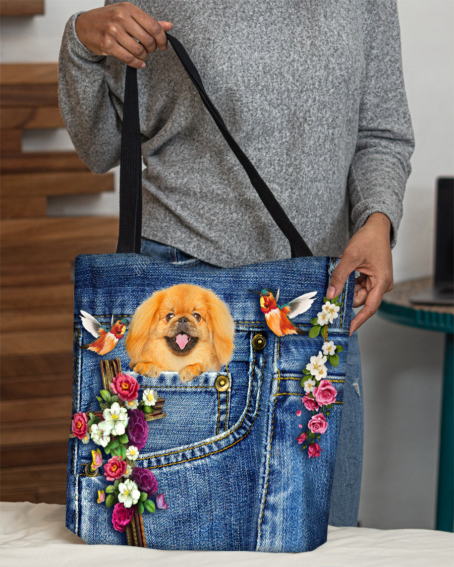 Pekingese1-Cardinal &amp; Cross Flower Cloth Tote Bag