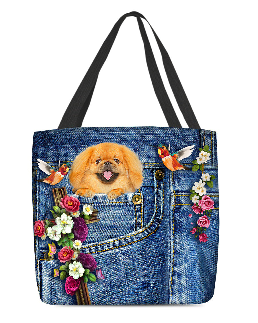 Pekingese1-Cardinal &amp; Cross Flower Cloth Tote Bag
