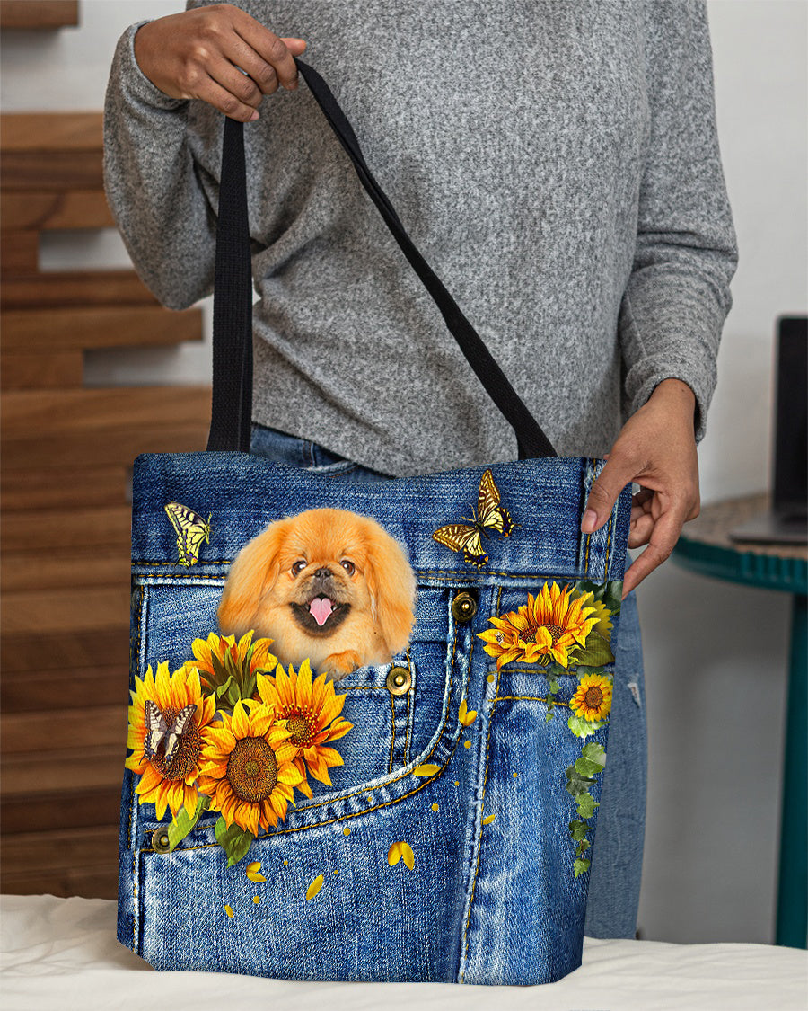 Pekingese1-Sunflowers &amp; Butterflies Cloth Tote Bag
