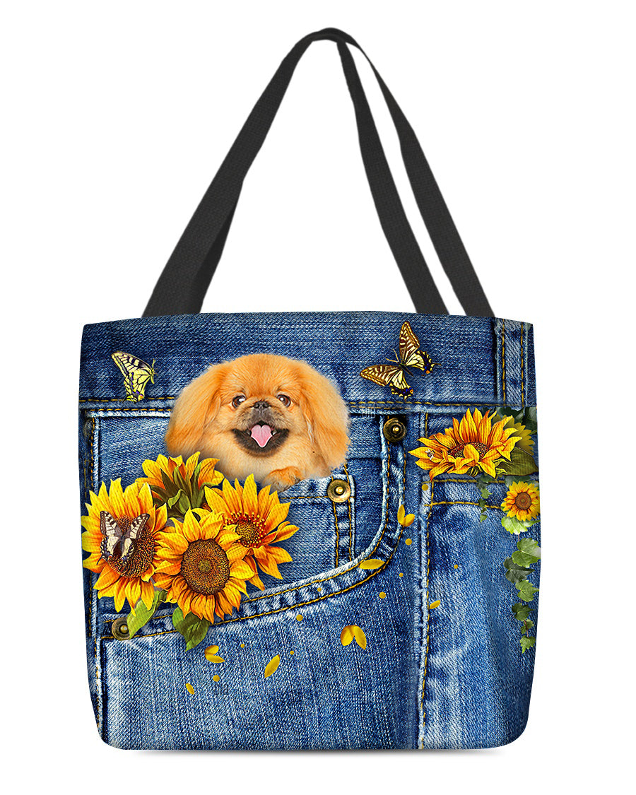 Pekingese1-Sunflowers &amp; Butterflies Cloth Tote Bag
