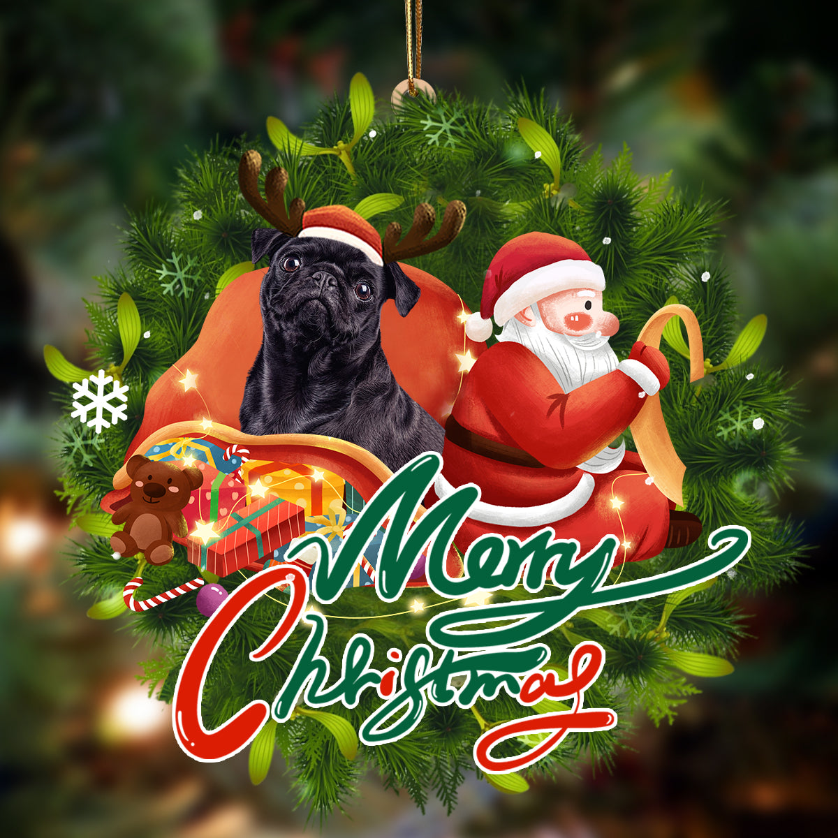 Pug black-Santa & dog Hanging Ornament