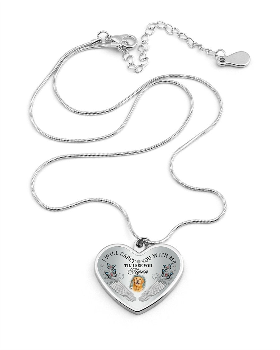 Golden Retriever I Will Carry You Metallic Heart Necklace