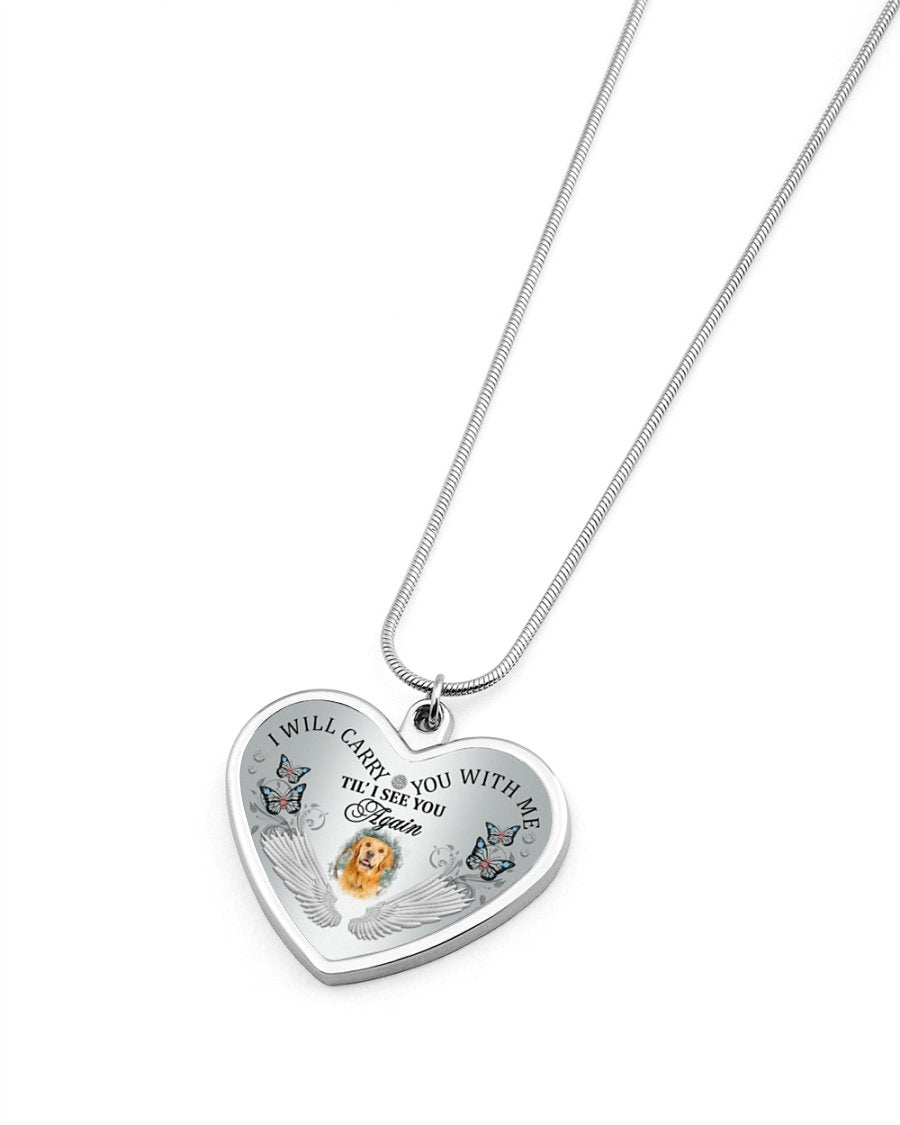 Golden Retriever I Will Carry You Metallic Heart Necklace
