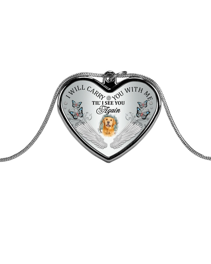 Golden Retriever I Will Carry You Metallic Heart Necklace