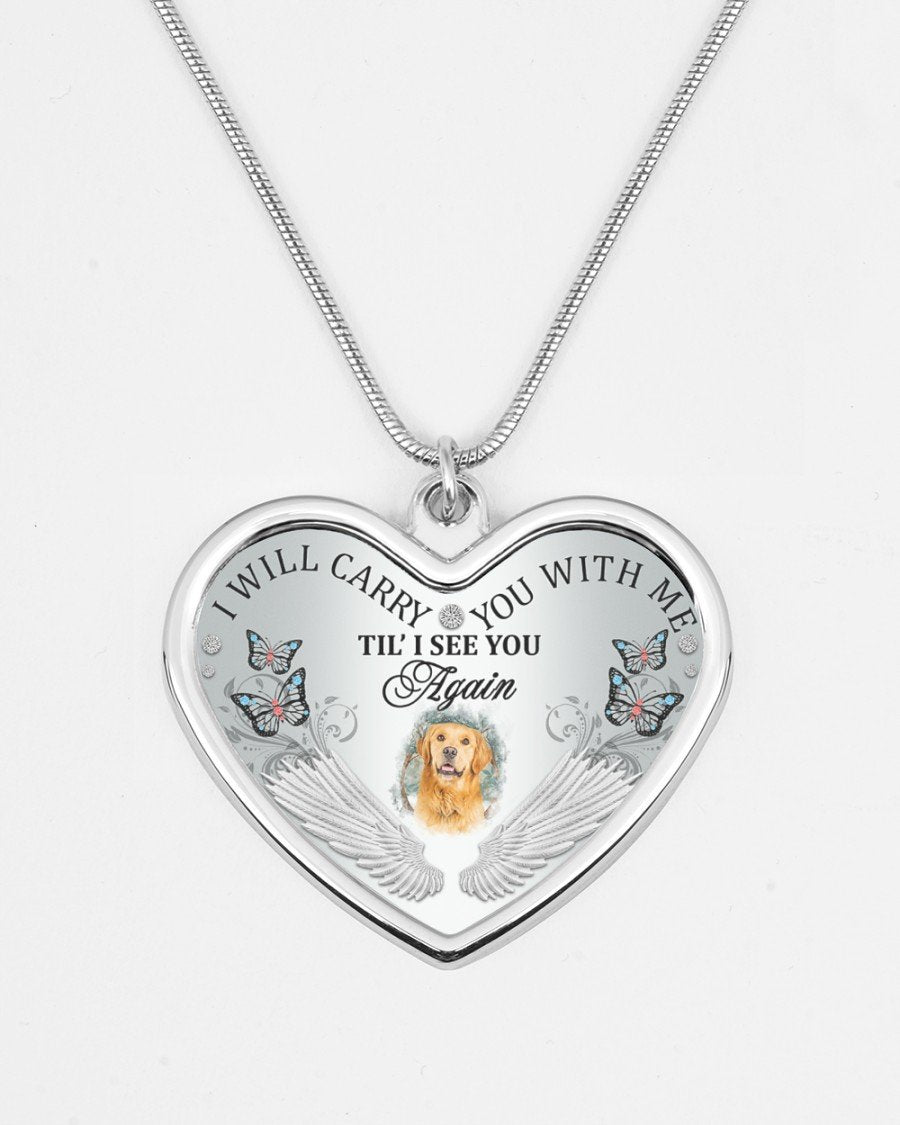 Golden Retriever I Will Carry You Metallic Heart Necklace