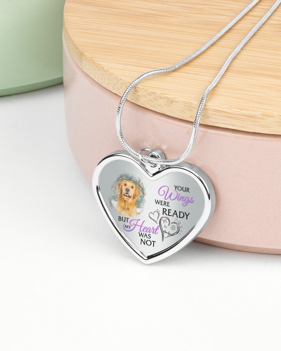 Golden Retriever Your Wings Metallic Heart Necklace