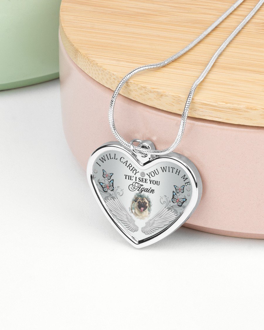 Pug I Will Carry You Metallic Heart Necklace