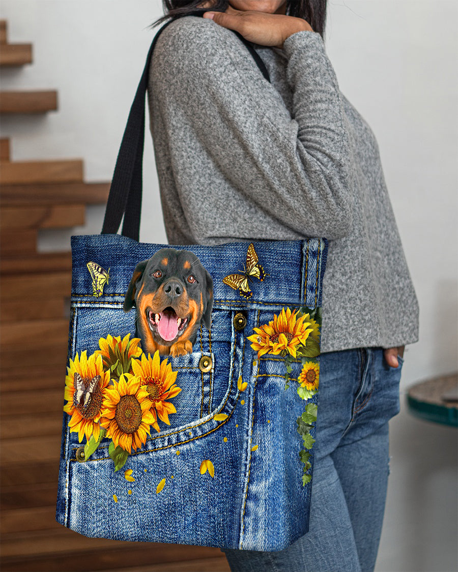 Rottweiler1-Sunflowers &amp; Butterflies Cloth Tote Bag