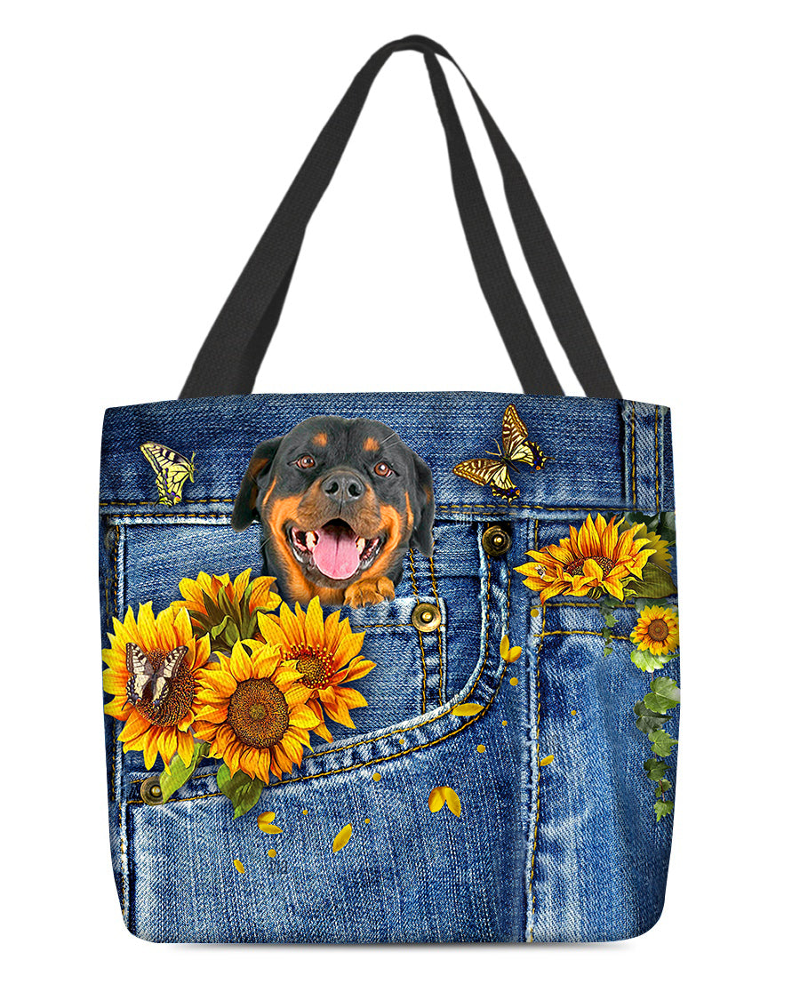 Rottweiler1-Sunflowers &amp; Butterflies Cloth Tote Bag