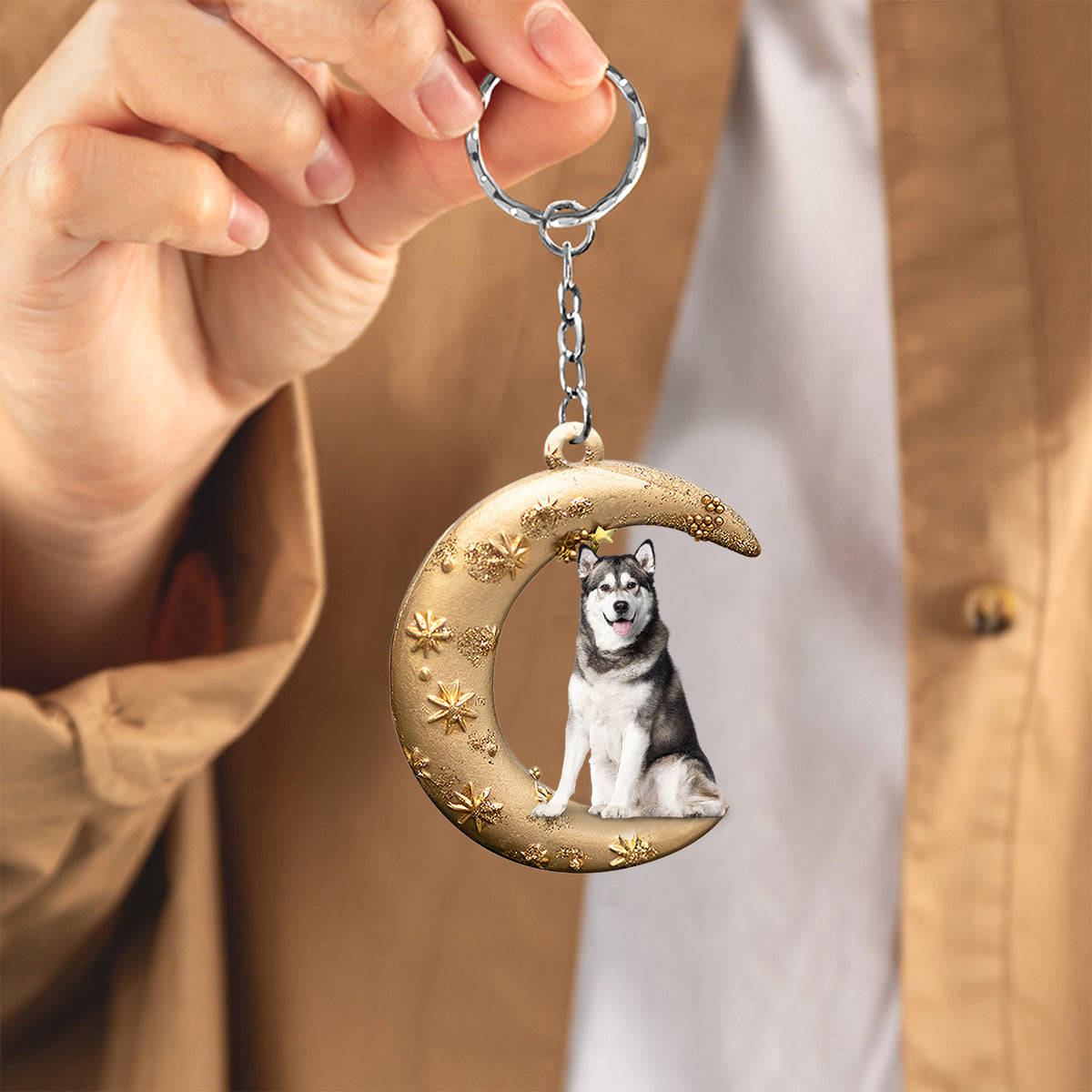 Siberian Husky 2-Dog &amp; Moon Flat Acrylic Keychain