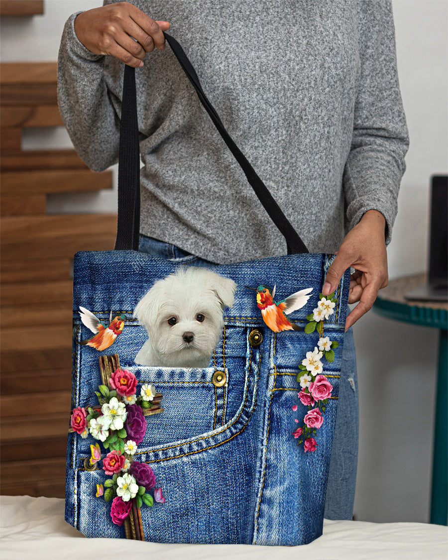 White Maltese-Cardinal &amp; Cross Flower Cloth Tote Bag