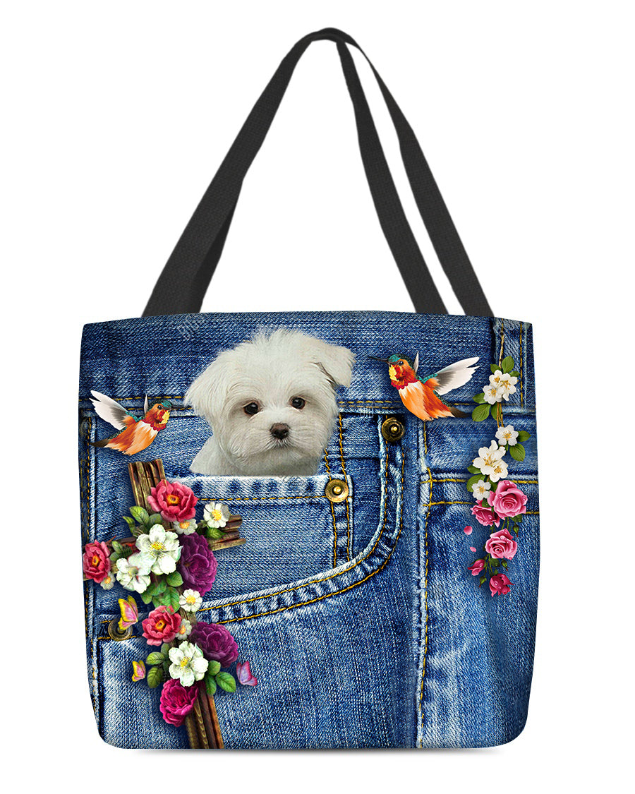 White Maltese-Cardinal &amp; Cross Flower Cloth Tote Bag