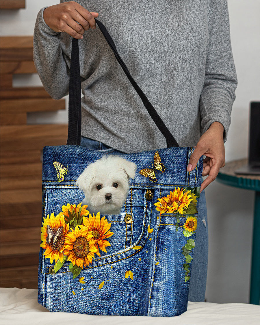 White Maltese-Sunflowers &amp; Butterflies Cloth Tote Bag